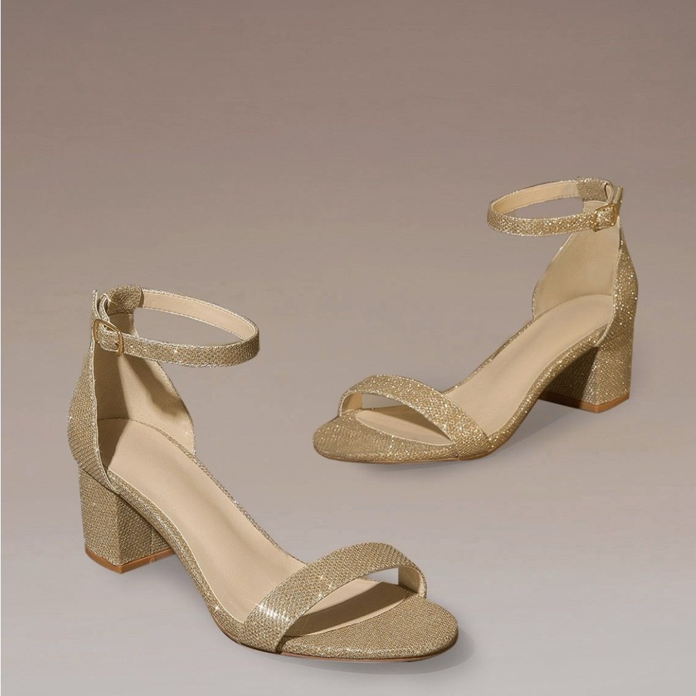 Azazie Sparkling Gold One Strap Buckle Block Heel Sandals